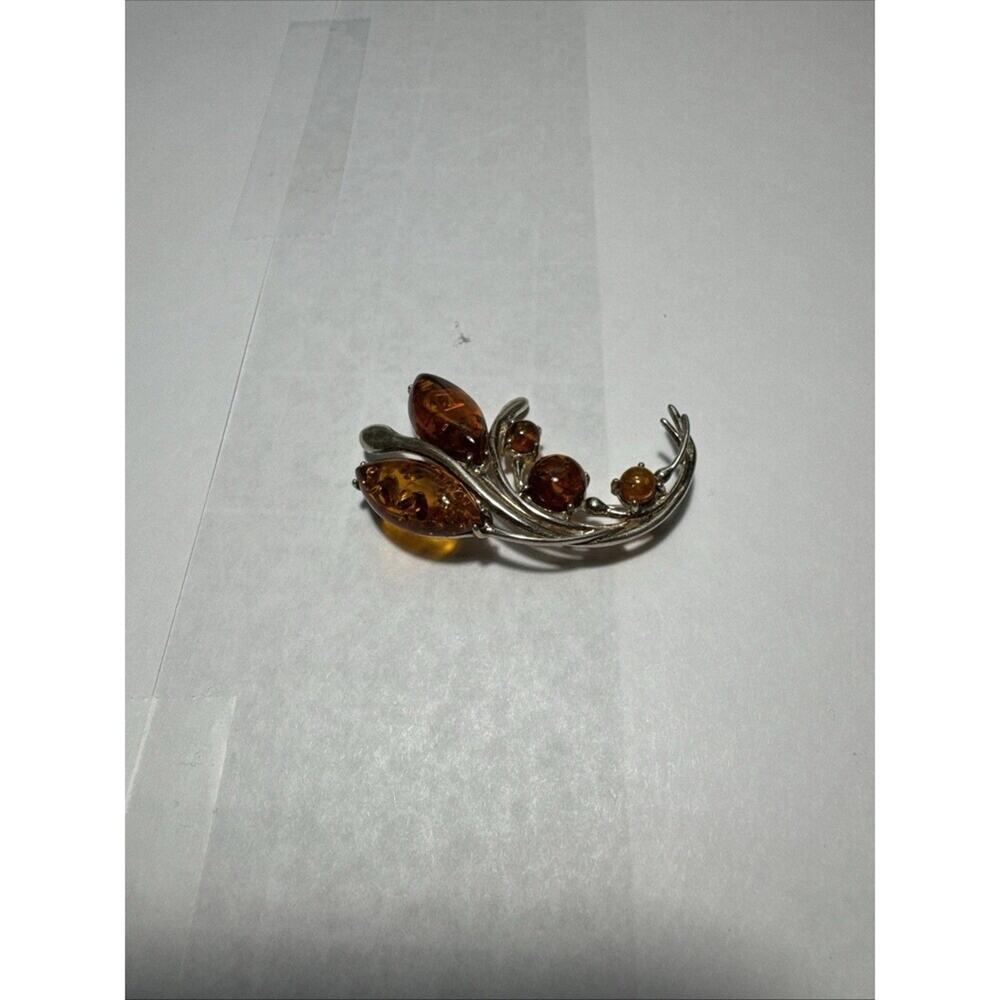 .925 Sterling Silver Baltic Amber Brooch Pin Vintage Flower, Not Marked, Tested.